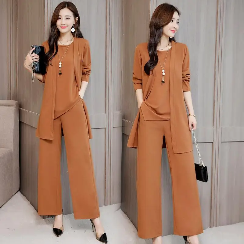 

4XL 5XL Plus Size Women Sets Spring Casual 3 Pieces Sets Coat+Vest+High Waist Wide Leg Trousers Sets Large Size Women 3 Pcs Suit