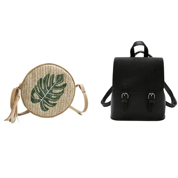 

2 Pcs Women Bag: 1 Pcs Round Straw Leaves Rattan Woven Beach Shoulder Bags & 1 Pcs Patchwork Backpack Black
