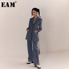 [EAM] длинные широкие брюки с высокой талией из флока черно-зеленого цвета, новые свободные брюки для женщин, модные весенне-осенние 1B912
