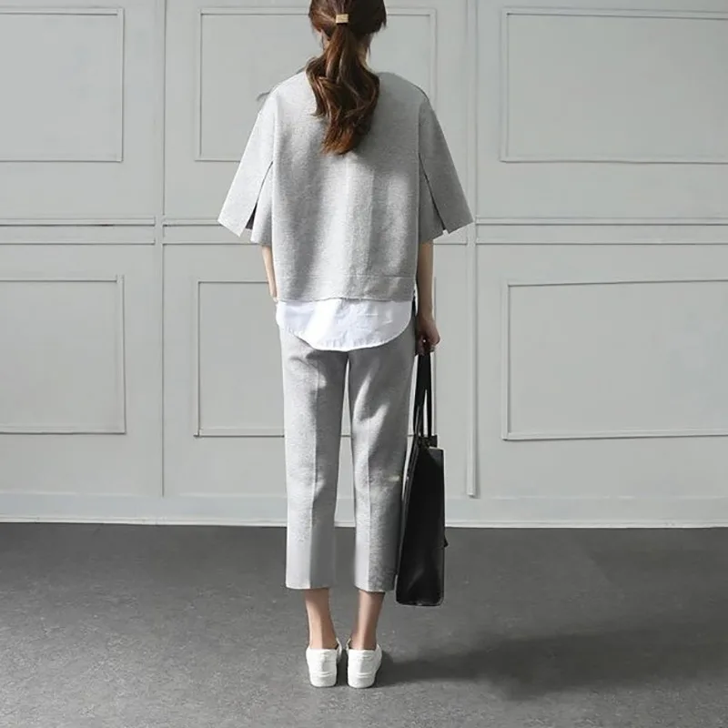 

Autumn Two Pieces Set Women Suit Patchwork Hem Top With Elastic Waist Plus Size Calf Length Pants Female Clothes New