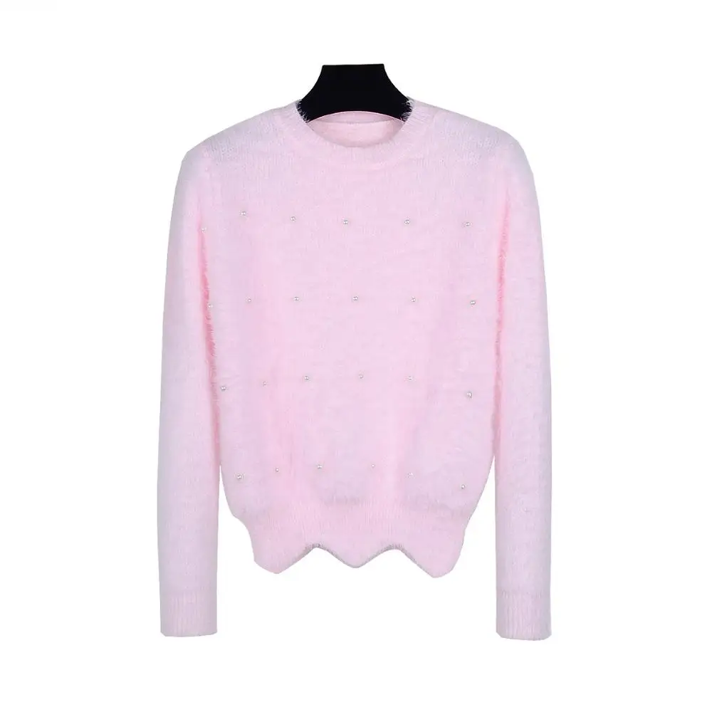 Осенний женский свитер Wimter с длинным рукавом и круглым вырезом, мягкий пуловер с жемчугом, тонкий элегантный женский свитер - Цвет: pink