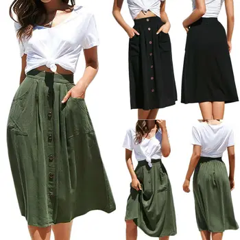 

Women's High Waist Elastic Skirt New Pure Color A-Line Loose Long Buttons Skirts with Pockets Female Vintage Casual Summer Skirt