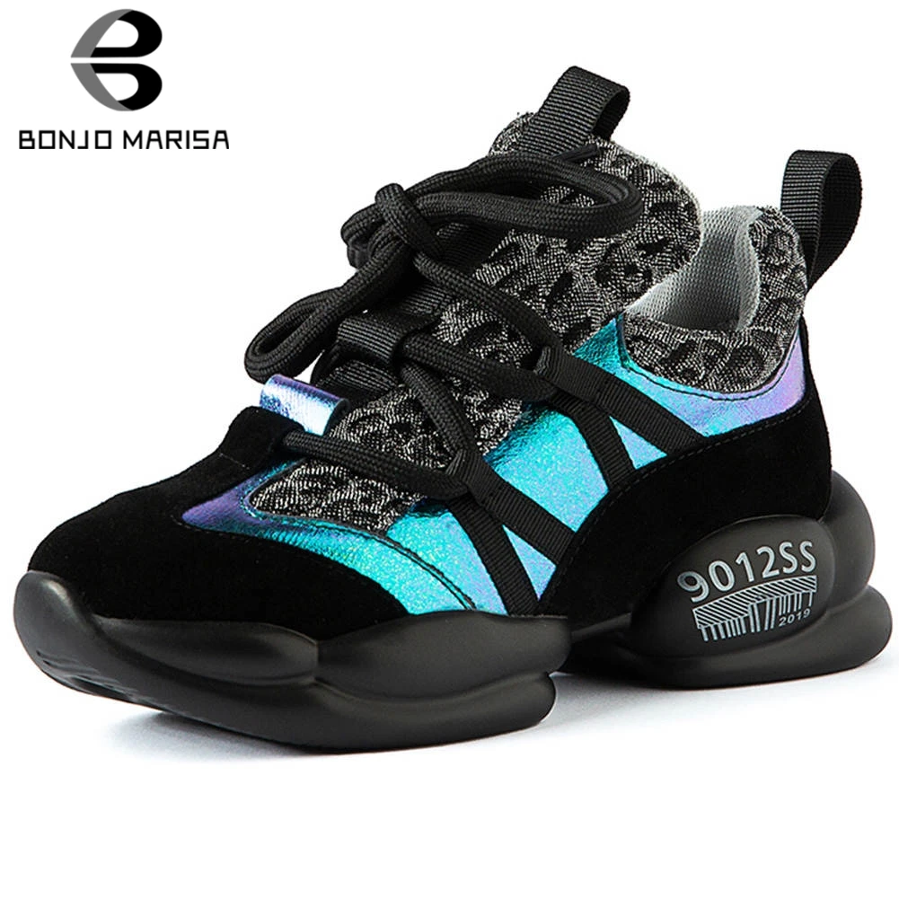 

BONJOMARISA New INS Hot Whole Genuine Leather Sneakers Women 2020 Girl Platform Flats Ladies Shining Dad Shoes Woman