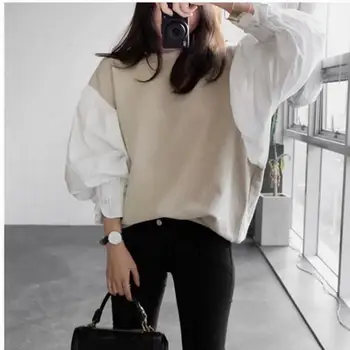 

Women Autumn Lantern Sleeve Patchwork Sweatshirt Casual O-Neck Female Tops Plus Size Loose Knitted Pullovers