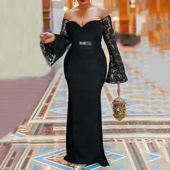 

Womens Wedding Party Lace Dress Sexy Strapless Mermaid Long Sleeves Elegant Ladies Black Evening Off Shoulder Prom Dress Long