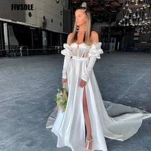 

Fivsole Sexy Royal Soft Long High Side Slit Wedding Dress Long Sleeves Strapless Sweep Train Bridal Dresses Gowns Robe De Mariee
