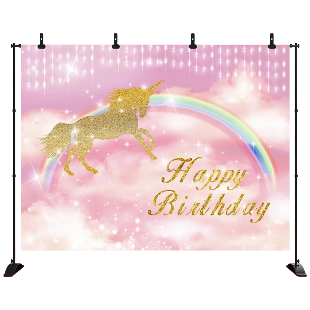

Birthday party photography background Rainbow Gold Unicorn Party Backdrop Pink Clouds Girls Photography Backgrounds