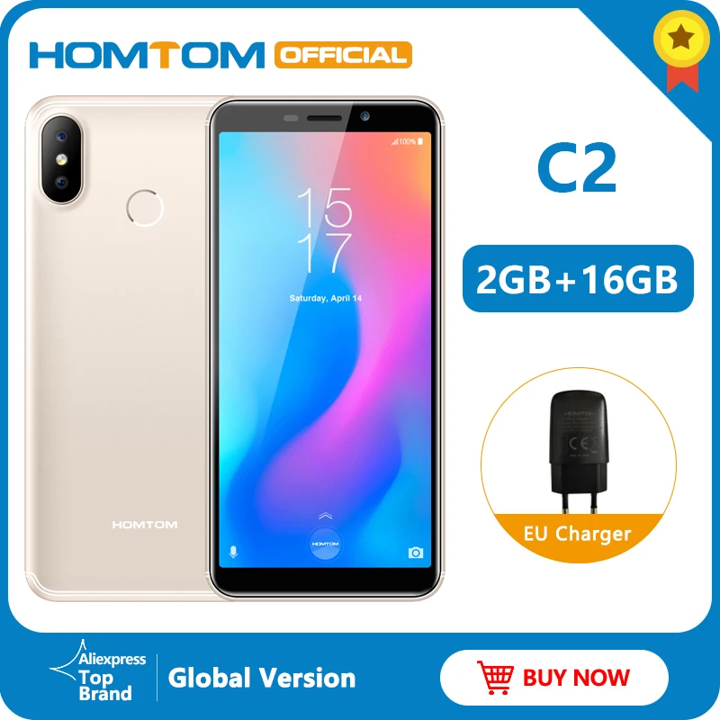  Original version HOMTOM C2 Android 8.1 2+16GB Mobile Phone Face ID MTK6739 Quad Core 13MP Dual Came