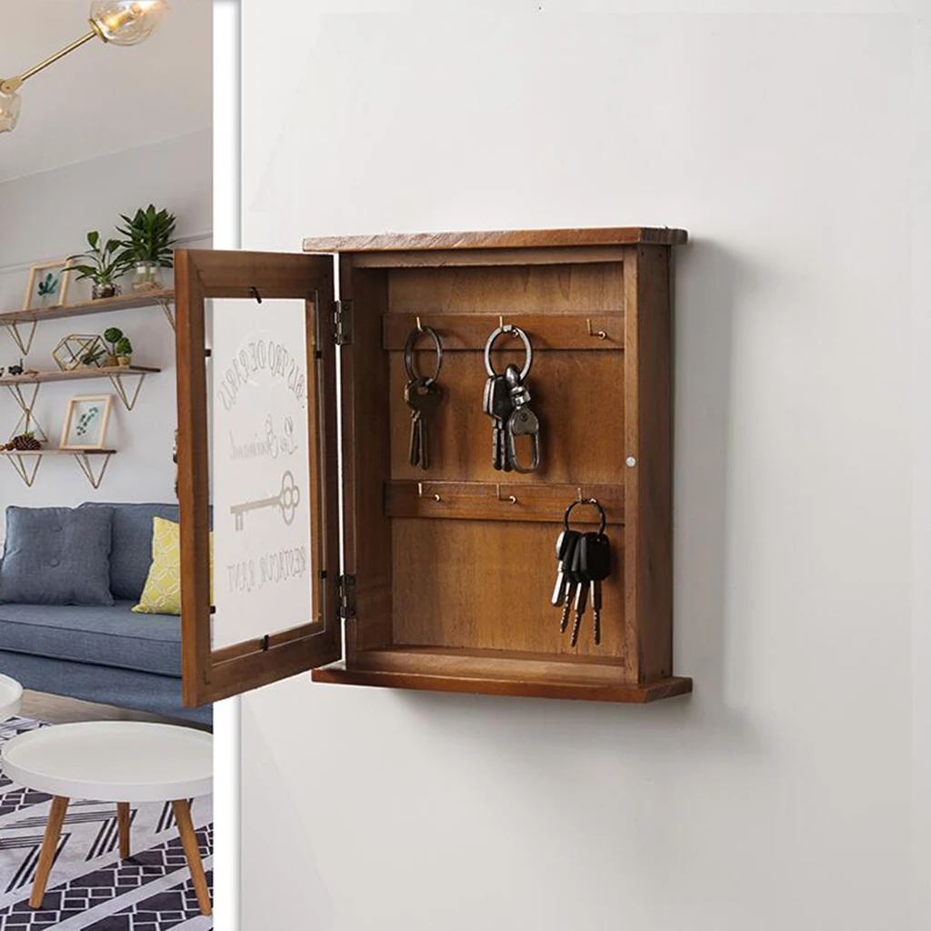 cupboard storage box hooks holder solid wood wooden Dark Brown Key Cabinet 