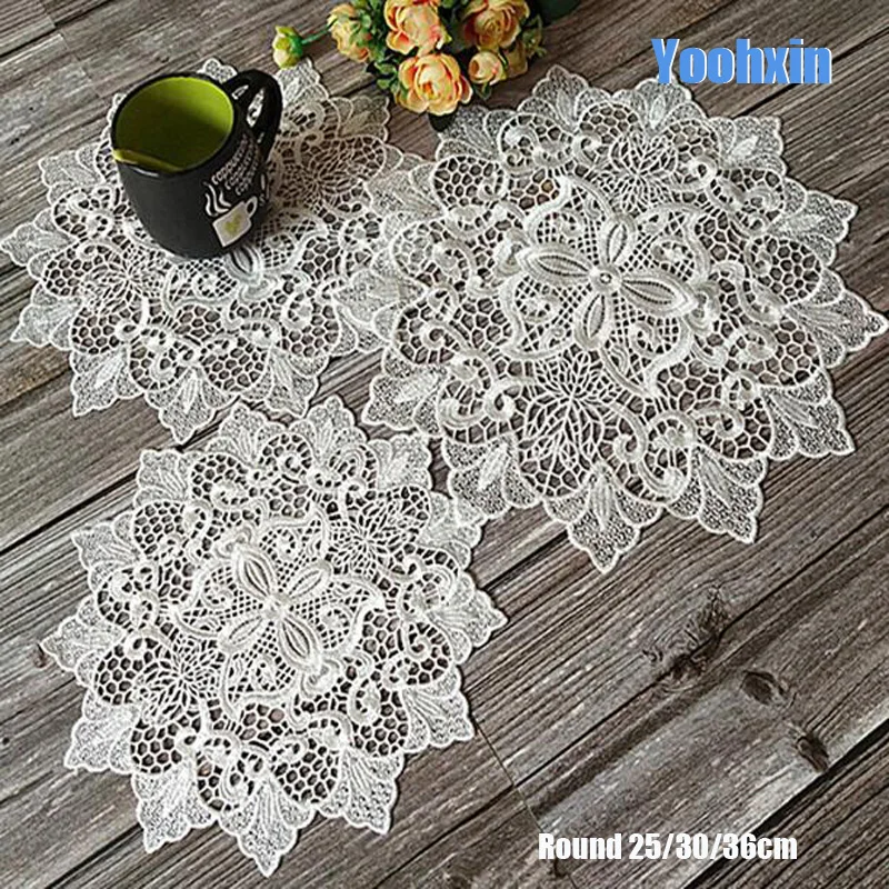 

HOT Lace white Round Embroidery table place mat pad Cloth placemat cup mug cookware tea coaster Christmas doily New Year kitchen