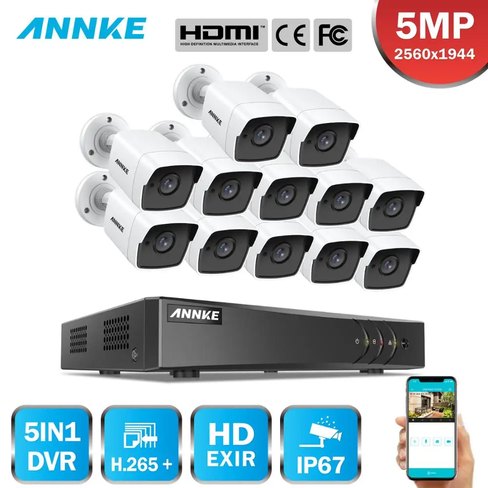  ANNKE 16CH 5MP Ultra HD Video Security System 5IN1 H.265+ DVR With 12PCS 5MP TVI Waterproof Camera 