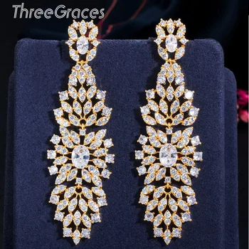 

ThreeGraces Luxury African Nigerican Cubic Zirconia Long Dangle Earrings Shiny Leaf Bridal Wedding Jewelry for Women ER373