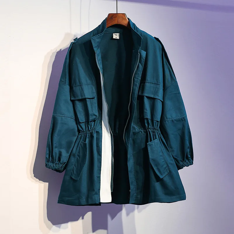 [EWQ] весенний сезон осень, со стоячим воротником с длинными рукавами, однотонная куртка с затяжкой, Женское пальто, модная женская куртка, AH226 - Цвет: Blackish green