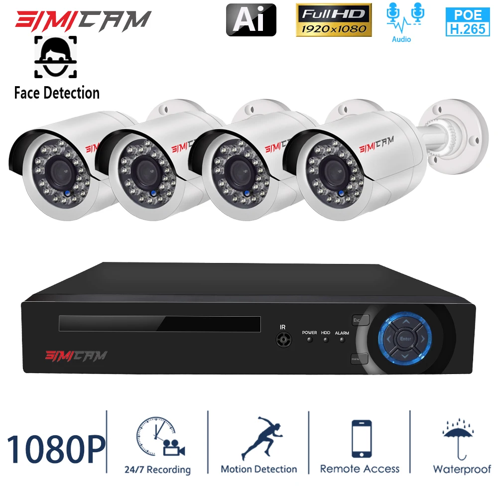 Комплект камеры видеонаблюдения 1080P POE CCTV full HD 5MP NVR 2/4CH аудио AI 2MP IP камера наружная