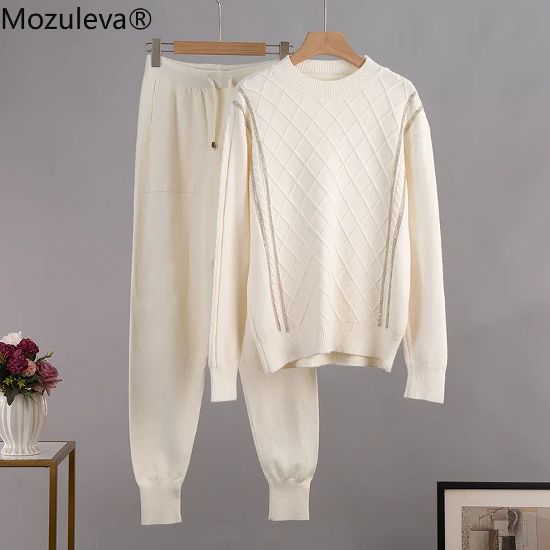 Mozuleva Women Knitted Two Piece Tracksuits Autumn Winter Diamond Loose Sweater and Full Length Harem Pants 2 Set Outfits |