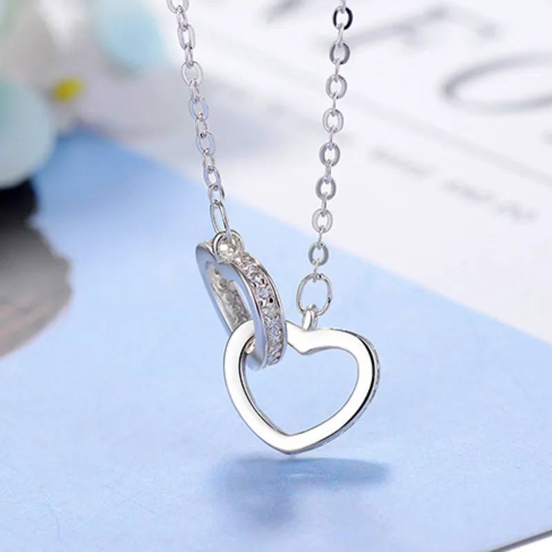 

925 Sterling Silver Double Heart Circle CZ Zirconia Pendants Necklaces For Women Gift kolye choker Chain collares