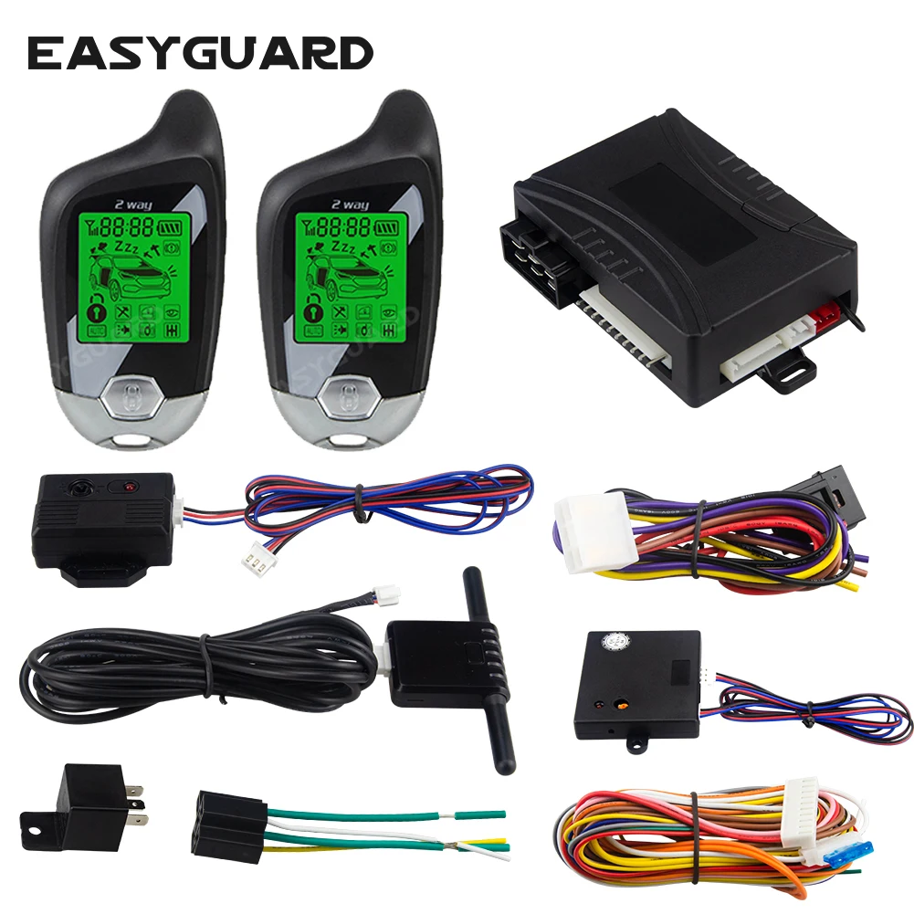 EASYGUARD two way car alarm keyless entry system remote starter lcd pager display vibration alarm microwave sensor warning 2 way
