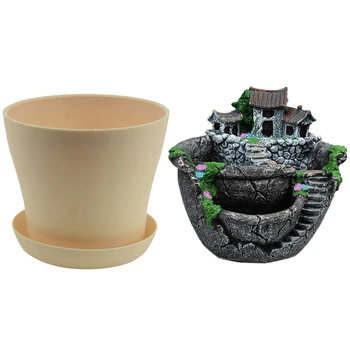 

1Pcs Plastic Plant Flower Pot Planter with Saucer Tray Round, Beige & 1Pcs Plants Pot Mini Fairy Garden and Sweet House