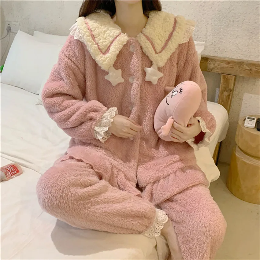 

Осенний Пижамный костюм, зимнее женское Фланелевое пальто с длинным рукавом + Фланелевые брюки, одежда для сна для девочек, милая флисовая верхняя одежда принцессы кораллового цвета W1551