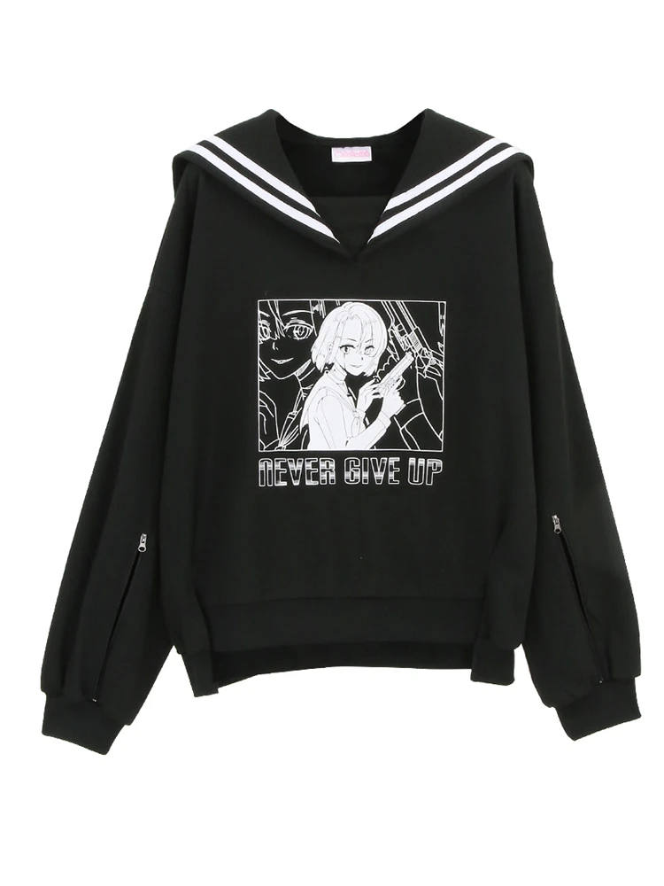 Black hoodies Harajuku Готическая негабаритная Женская толстовка с матросским воротником Kawaii аниме графическая Толстовка для девочек Японская уличная одежда толстовки на молнии - Цвет: Black hoodies