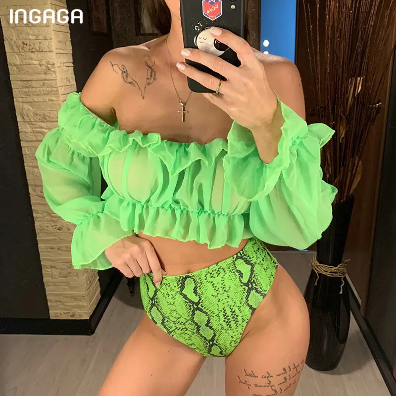 

INGAGA Off Shoulder Bikini High Waist Swimsuit Snakeskin Bathing Suit Neon Ruffle Biquini Brazilian Transparent Mesh Bathers