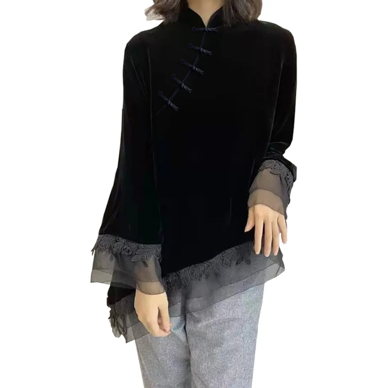 new chinese style traditional top black golden velvet improved cheongsam top lace design women graceful qipao collar blouse