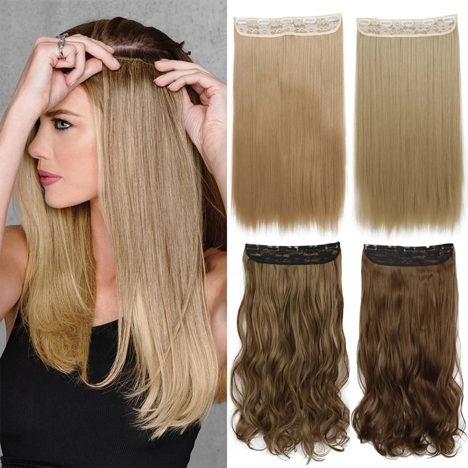 Azqueen-peruca reta longa sintética, 5 grampos na extensão do cabelo, fibra de alta temperatura, preto marrom dourado