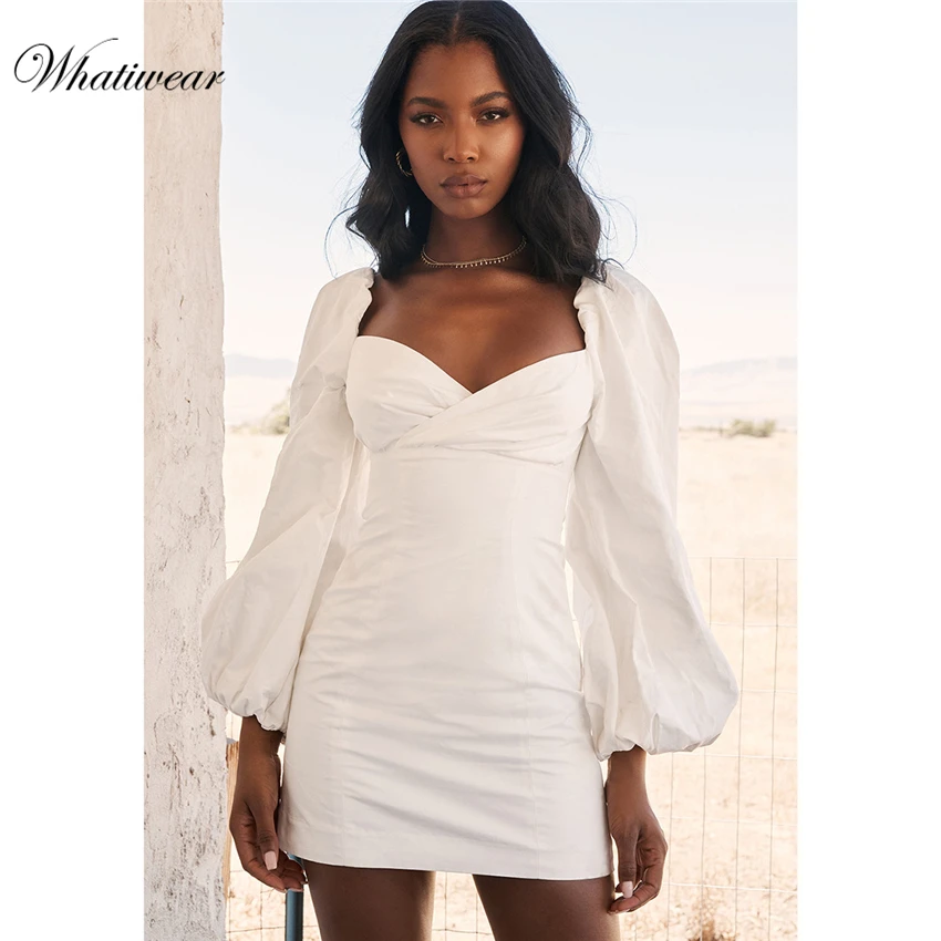 

Whatiwear 2019 Summer Mini Dress Deep V Neck Party Dress Streetwear Women Evening Skinny Puff Sleeve Vestidos de festa