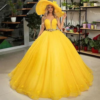 

Eightree Formal Dress Yellow Puffy Ball Gown Evening Dresses 2020 Sweetheart Beads Flowers Tulle Party Dress Vestidos De Soiree