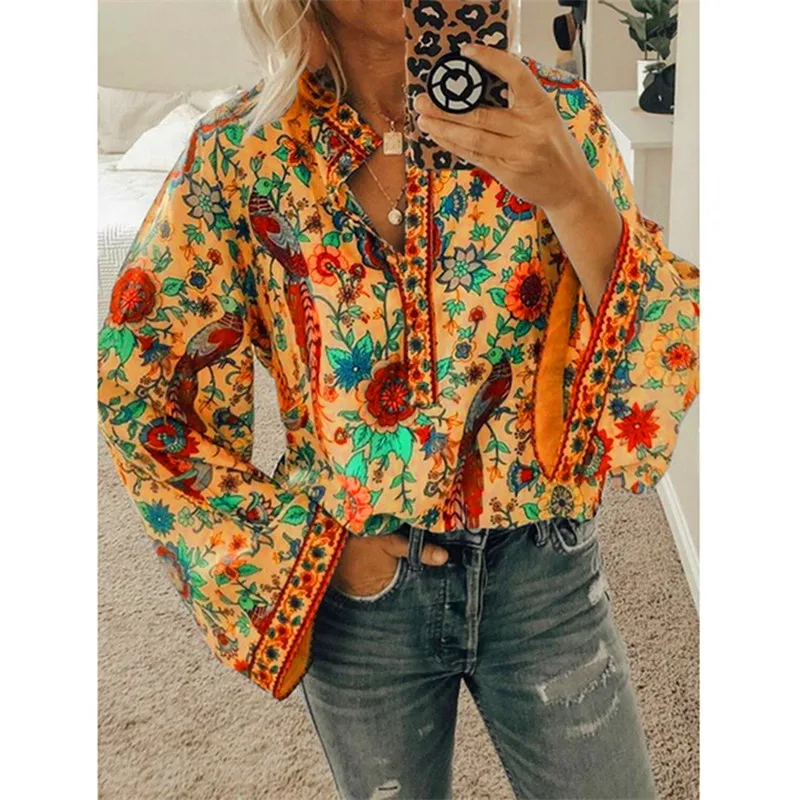 

Hot style peacock print loose button down long sleeve shirt