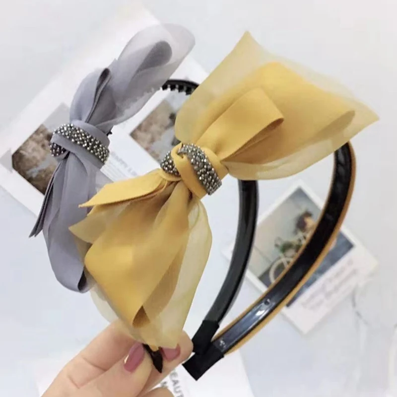 Mesh Headwear Rabbit ear bow middle knot button Korean mesh lace cloth art hair hoop