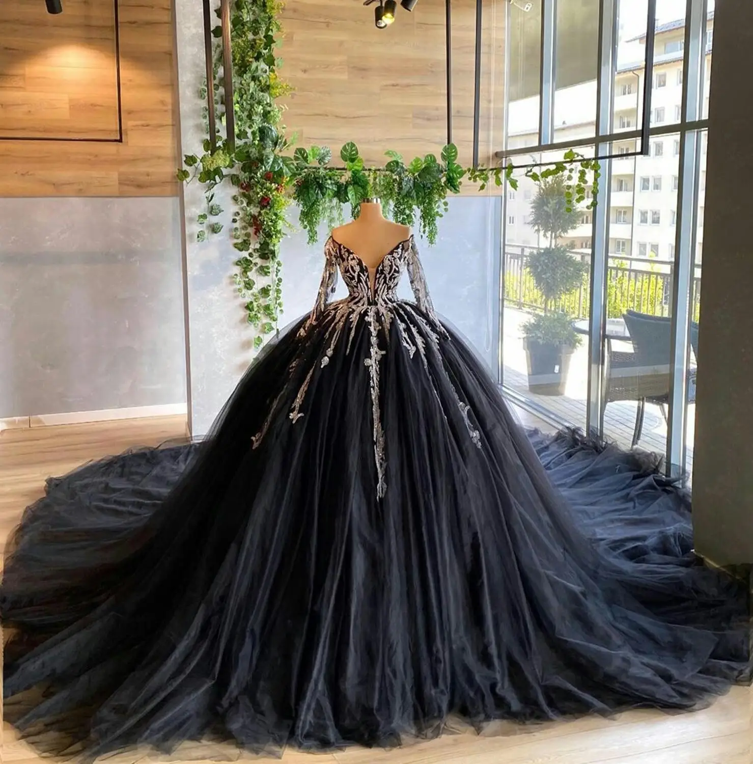 Black Ball Gown Wedding Dresses Sexy Off Shoulder Long Sleeve Lace