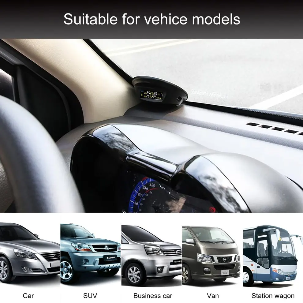 

Touch Solar Wireless Tire Pressure Monitoring System TPMS with 4 External Sensors Audio Alarm Measuring Pressure/Temperature