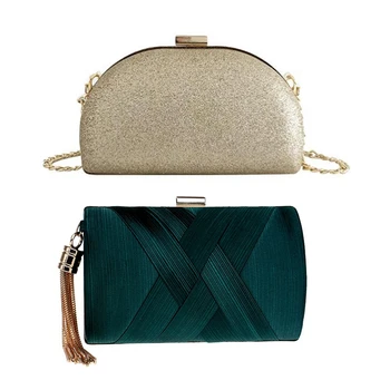 

2 Pcs Fashion Ladies Clutch Bag Shoulder Handbags Female Party Wedding Evening Bag for Phone Purse,Green & Gold