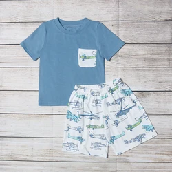 Roupas de verão azul manga curta topo e branco shorts lutador e helicóptero estampado padrão roupas meninos