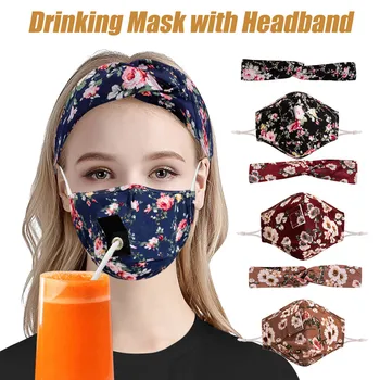 

4PCS Adult Women Drinking Mask -USA masks with Hole for Straw+ Headband Mouth Mask