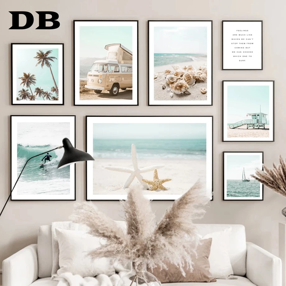 Starfish Shell Beach Car Sailboat Coconut Tree Nordic Posters And Prints Art Canvas Painting Wall Pictures For Living Room Decor | Дом и сад