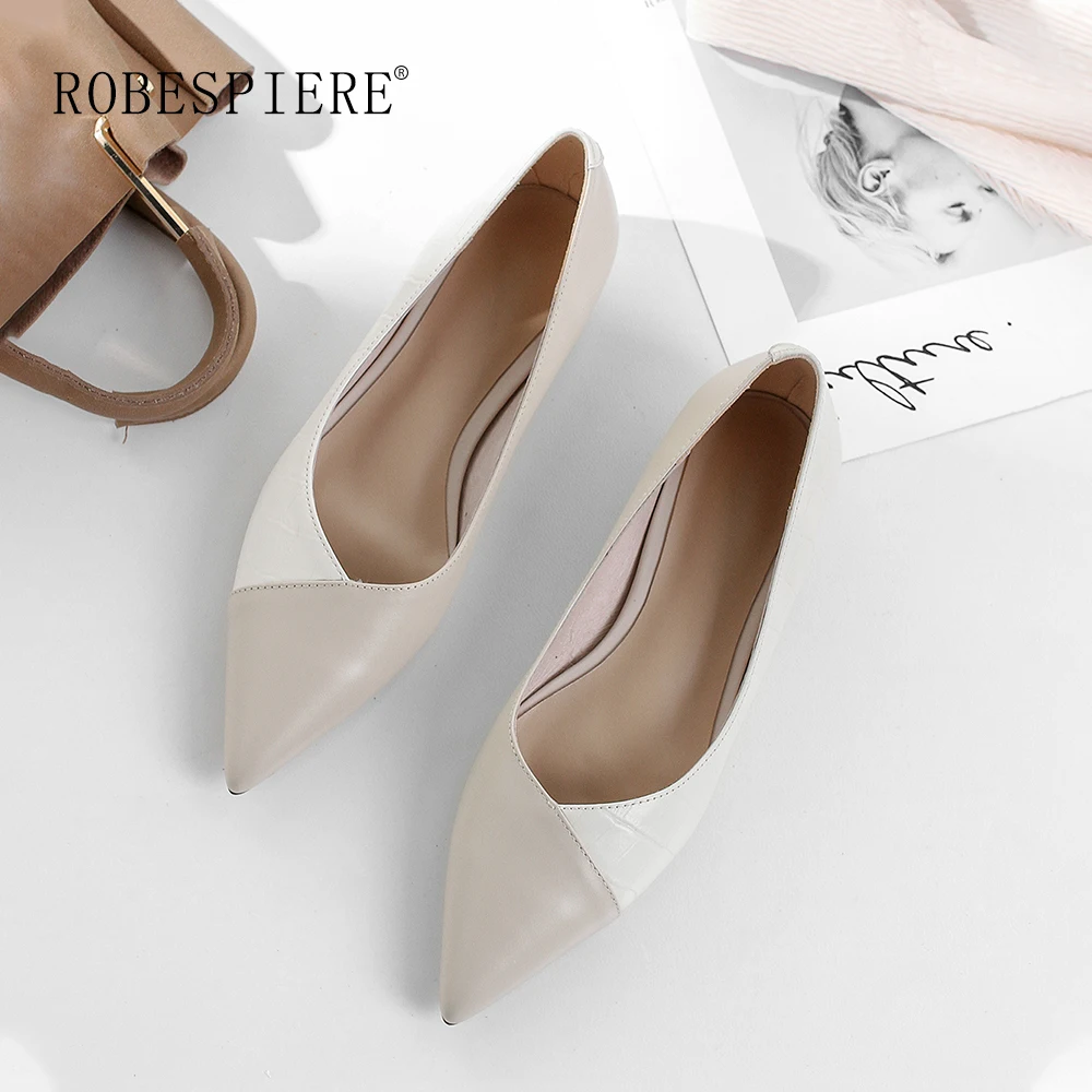 

ROBESPIERE Soft Genuine Leather Women Boat Shoes Mixed Colors Pointed Toe Flats Casual Low Heels Shallow Dress Shoes Woman A59