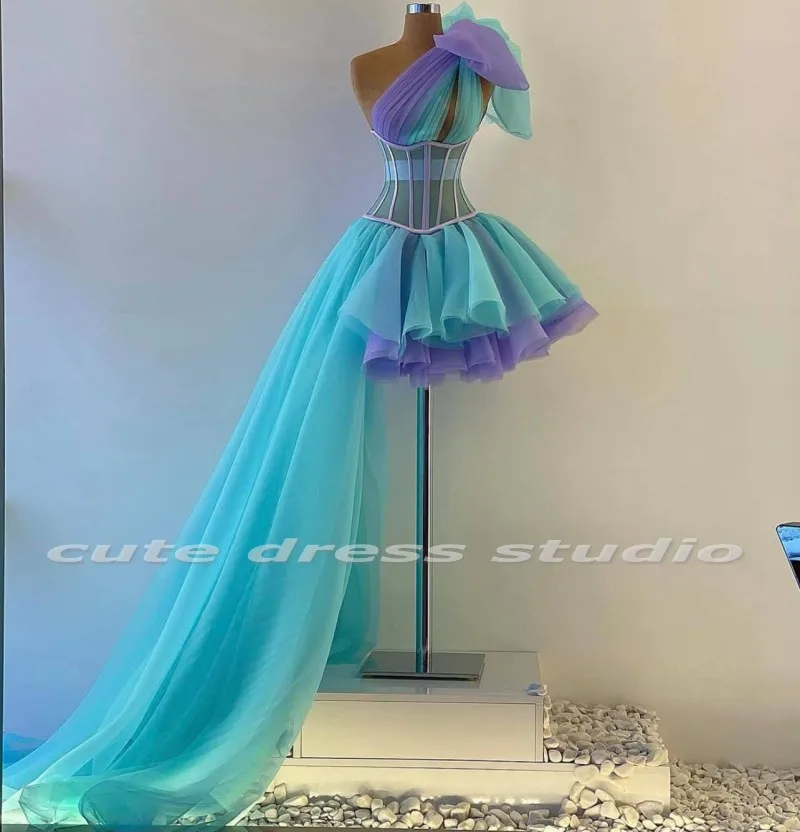Gorgeous Mixed Colour Prom Dresses One Shoulder Bow Corset Top Cocktail Gowns Runched Women Party Wear 2021 long sleeve prom & dance dresses