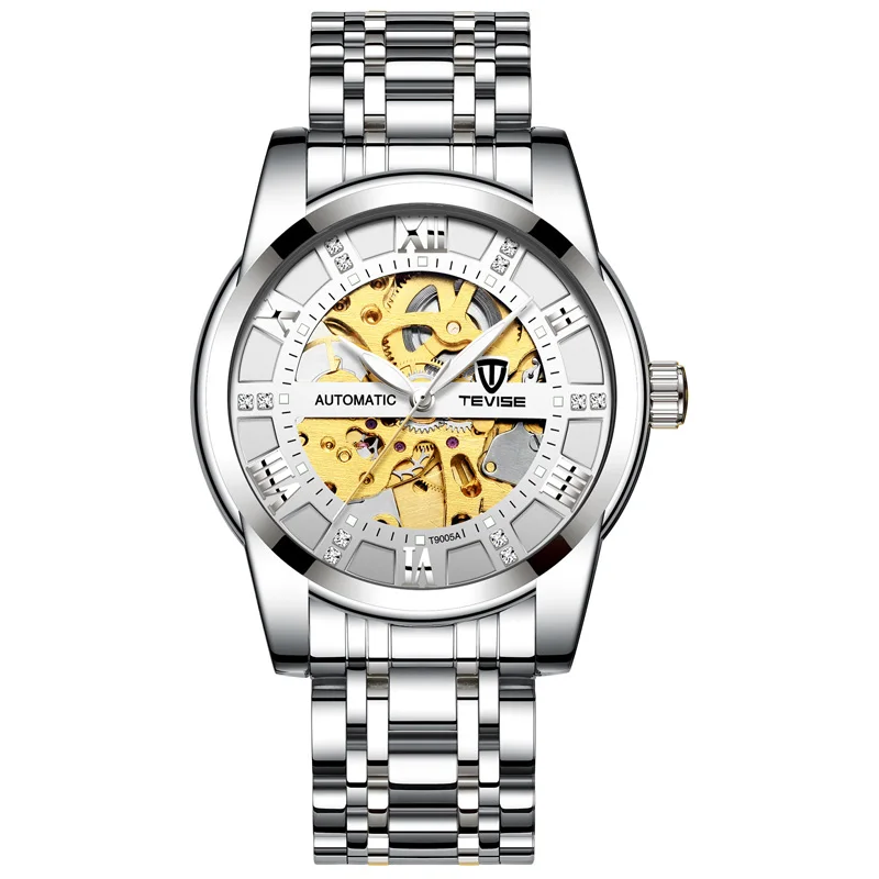 Швейцарский бренд, качественные автоматические часы, мужские часы, модные, черные, стальные, самовзводные, механические часы, полые, с бриллиантовым циферблатом, мужские часы - Цвет: SteelSilverWhite