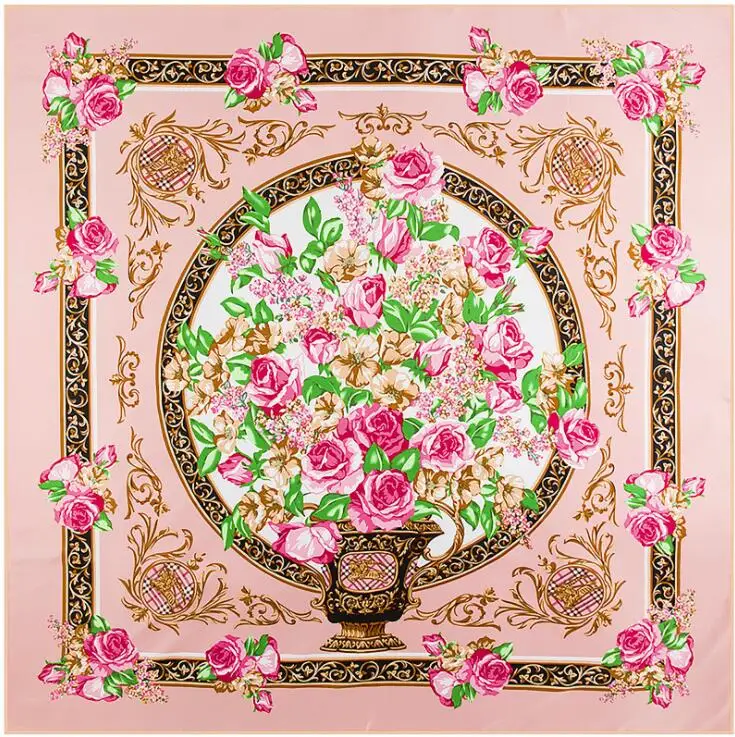 

2021 Luxury Brand Silk Scarf Court Floral Print Square Shawl Hijab Scarfs Female Fashion Shawls Scarves For Ladies 130*130cm