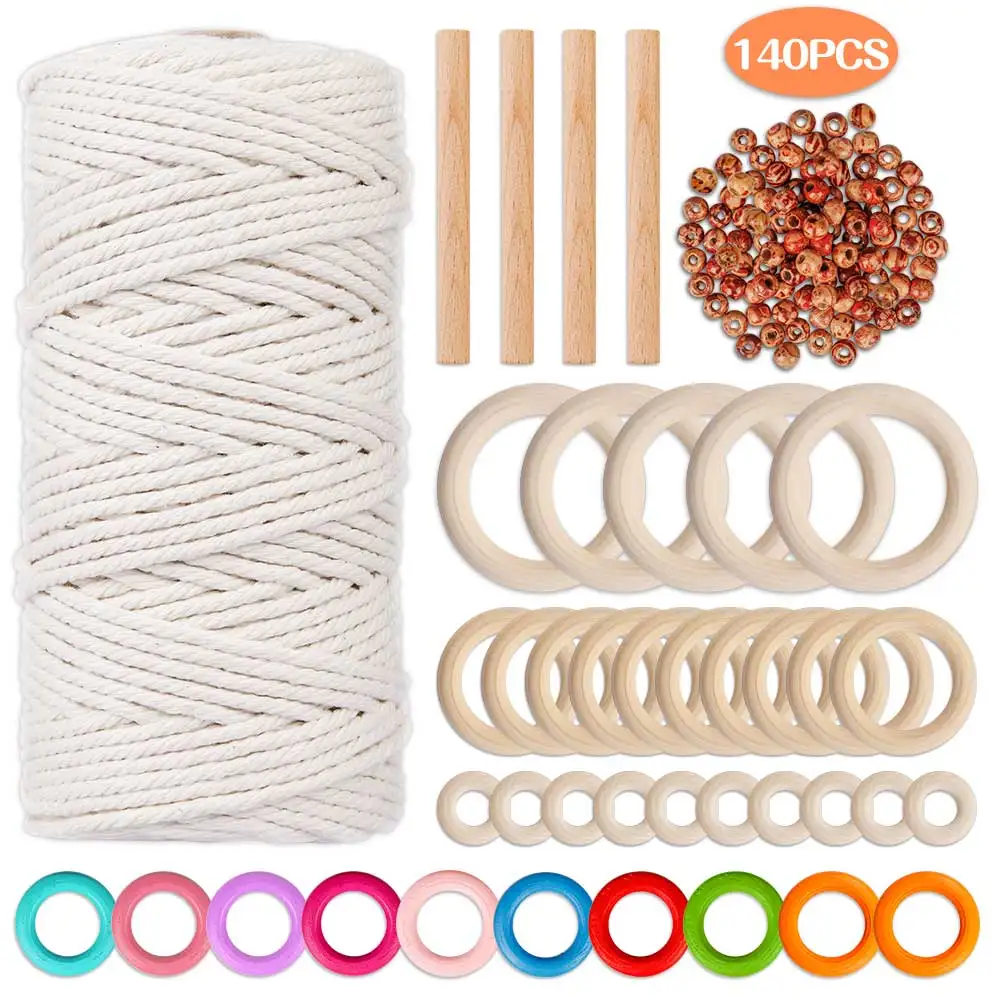 140pcs/set Macrame Cord Set 100mm Natural Macrame Cord Rope 3mm with 100pcs  Wood Beans for DIY Craft Plant Hangers Knitting - AliExpress