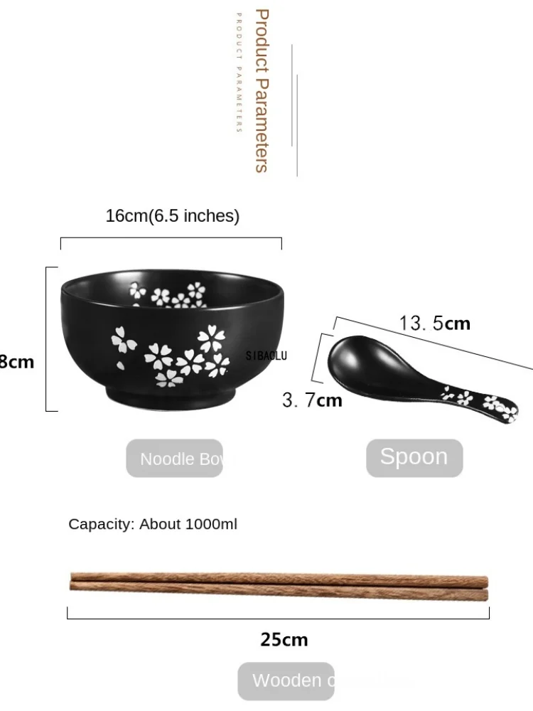 Japanese Style Rice Noodle Bowl with Lid Spoon and Chopstick Kitchen Tableware Ceramic Salad Soup Bowl Food Container Dinnerware