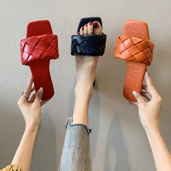 

2020 New Brand Slippers Weave Leather Women Sandal Open Toe Flat Casual Slides Summer Outdoor Beach Female Flip Flops
