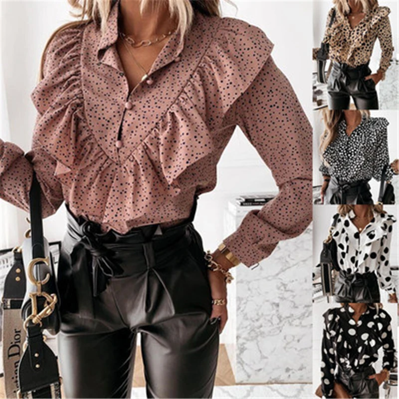 

Women Boho Print Shirt Long Sleeve Plus Size Ruffle Shirts Buttons Casual Loose Spring Autumn Elegent Stand Collar Ladies Blouse