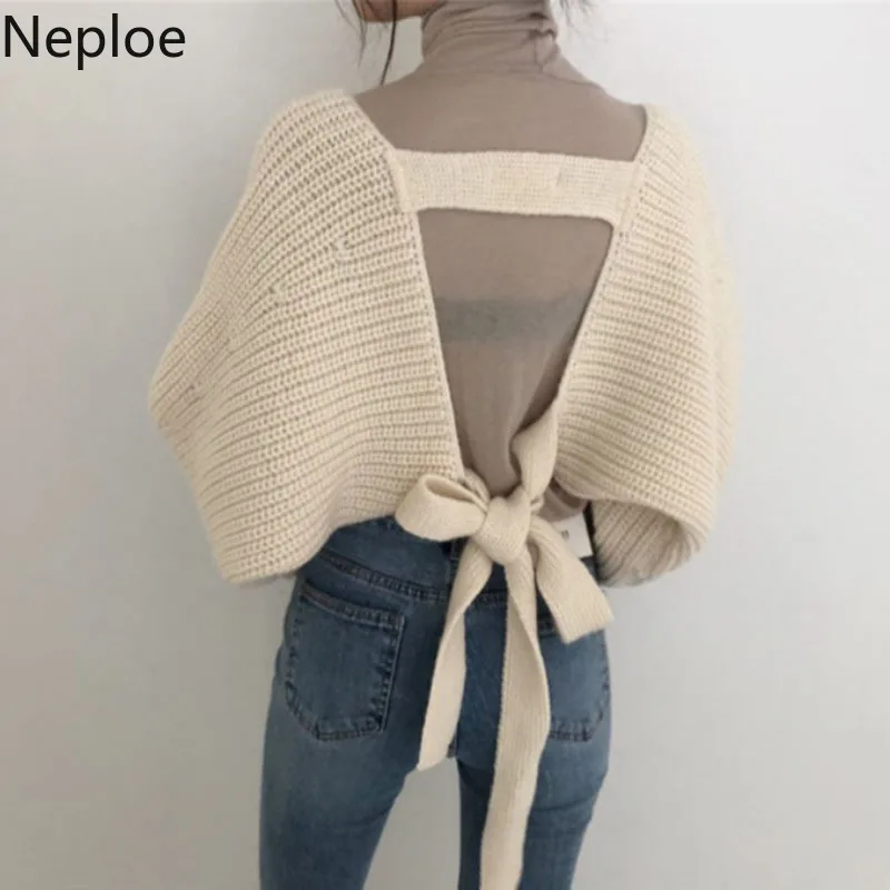 Neploe Autumn New 2020 Loose Bat Cardigans Sweater Women Sexy Open Back Lace Up Pull Femme Coat Hollow Out V Neck Thick 46929 |