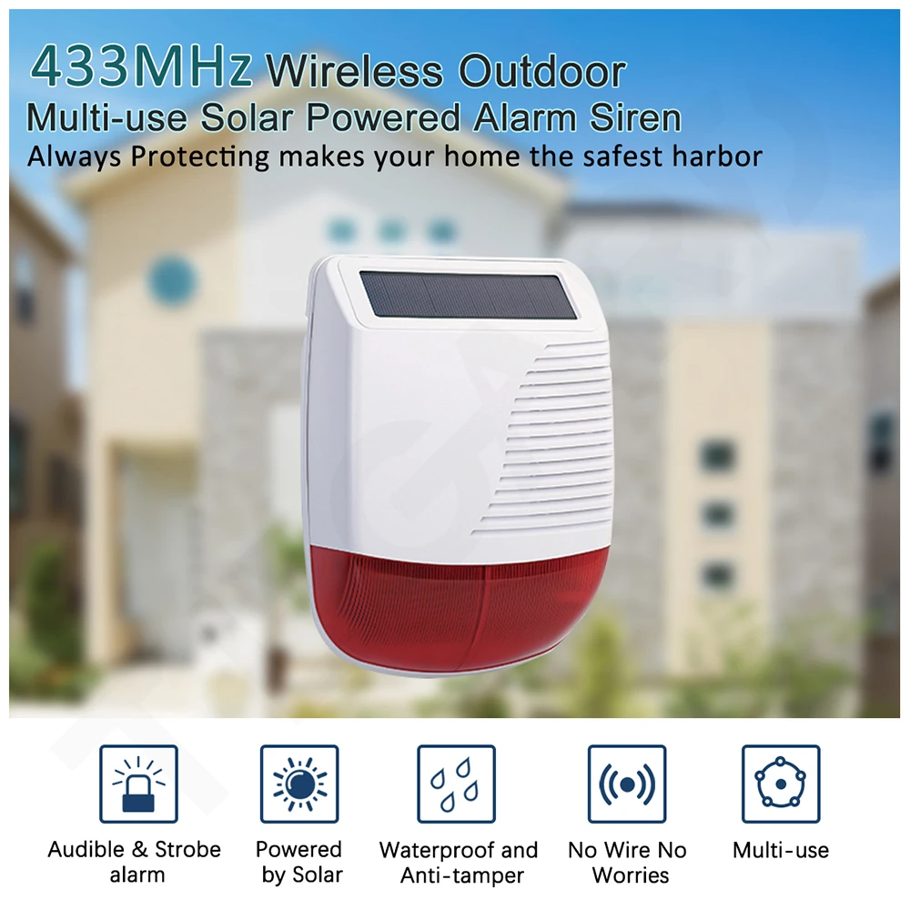 Tugard 433MHz Wireless Outdoor Solar Siren Light Flash Strobe Waterproof Alarm Siren for Home Security Burglar WiFi Alarm System