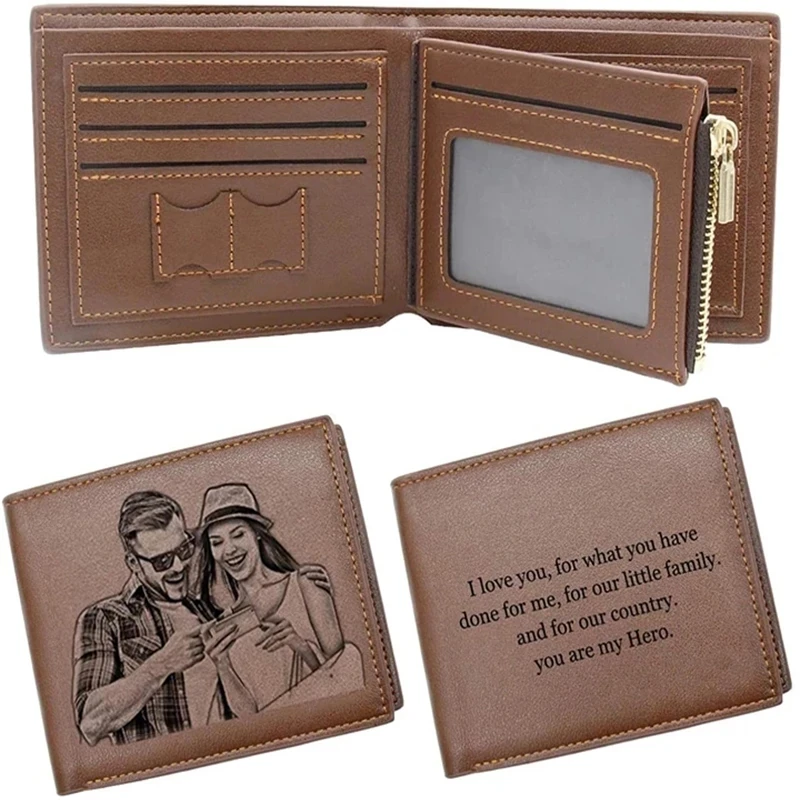 Engraving Picture Wallet DIY Customized Image Carving Text Men's Short Slim Three Fold Leather Father's Day Zipper Coin Purse