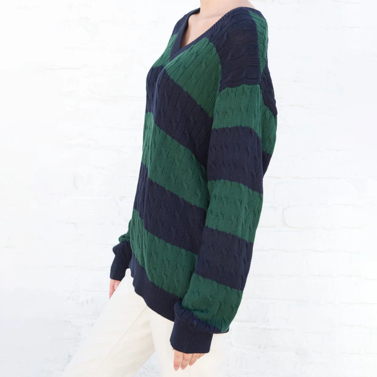 Vintage Striped Cotton Sweaters Women Autumn V Neck Long Sleeve Oversize Loose Pullovers Femme Casual Streetwear Knitted Tops