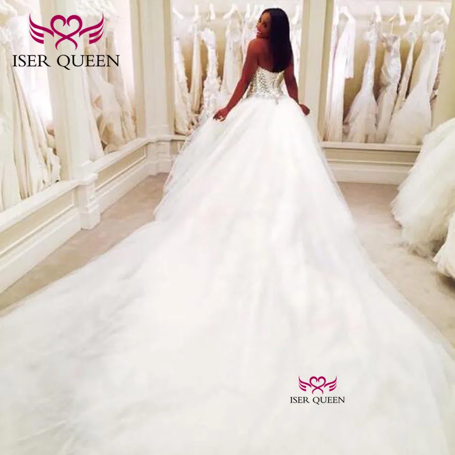 Bright Crystal Beading Sweetheart Neck Ball Gown Lace up Wedding Dresses Pure White Tired Tulle with Train Vestido W0386 | Свадьбы и